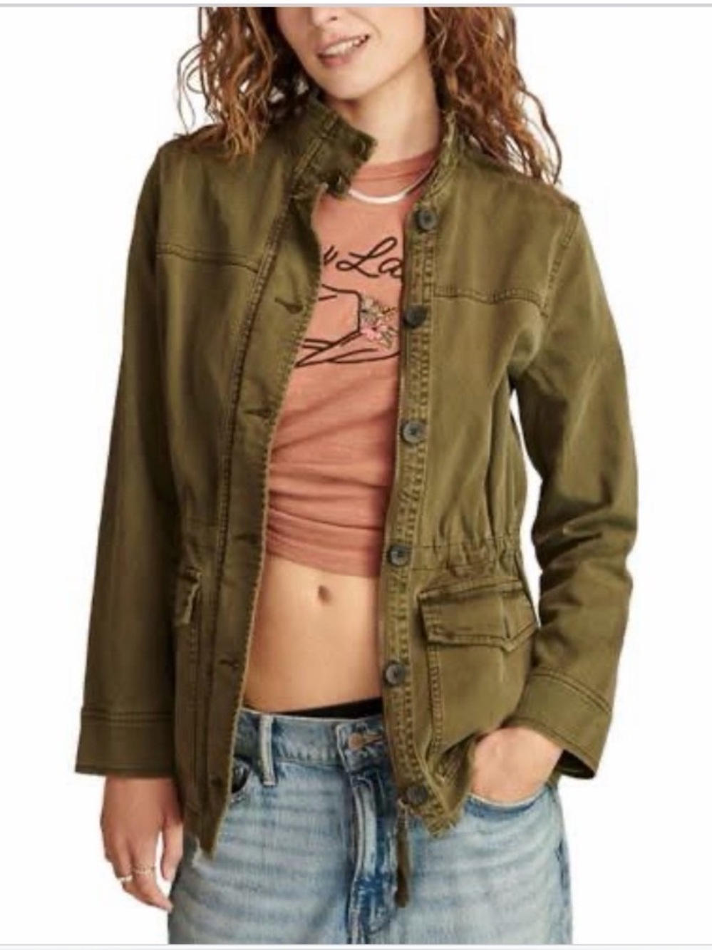 Lucky Brand Utility Jacket XL Olive Green Cargo Military Style Drawstring Waist